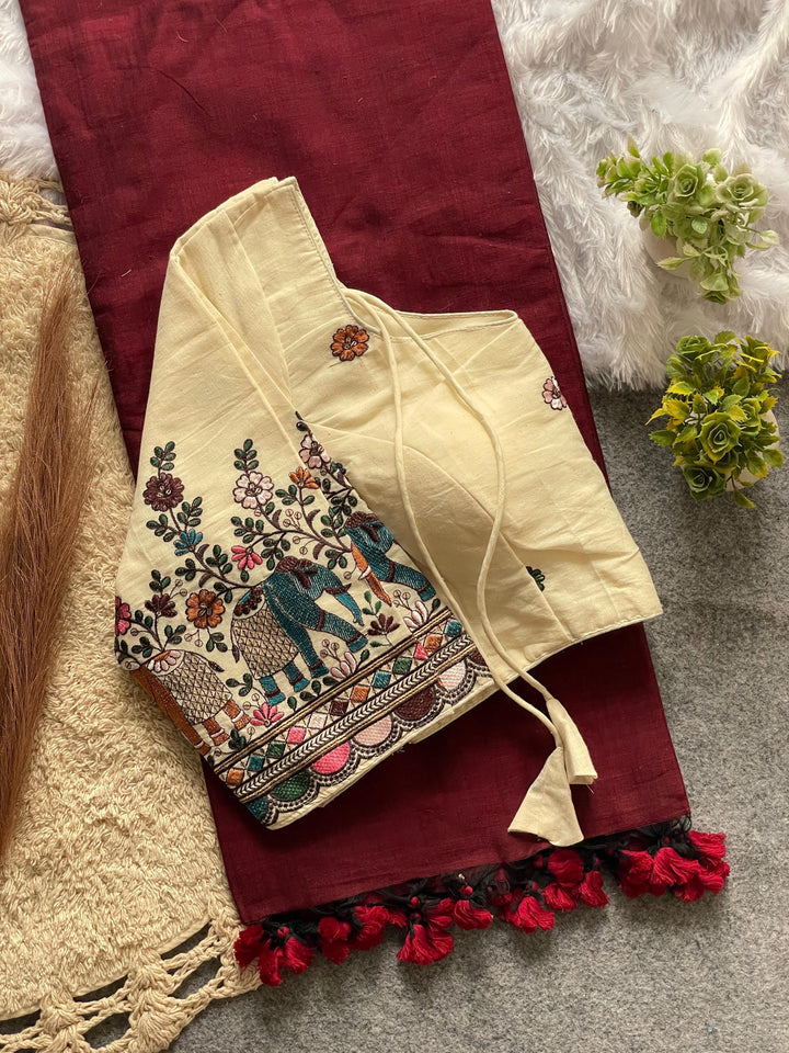 Khadi Cotton Saree And Blouse Combo-Fronlioz