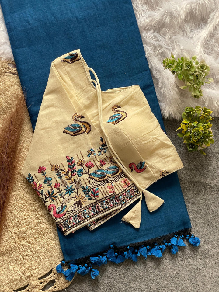 Khadi Cotton Saree And Blouse Combo-Fronlioz