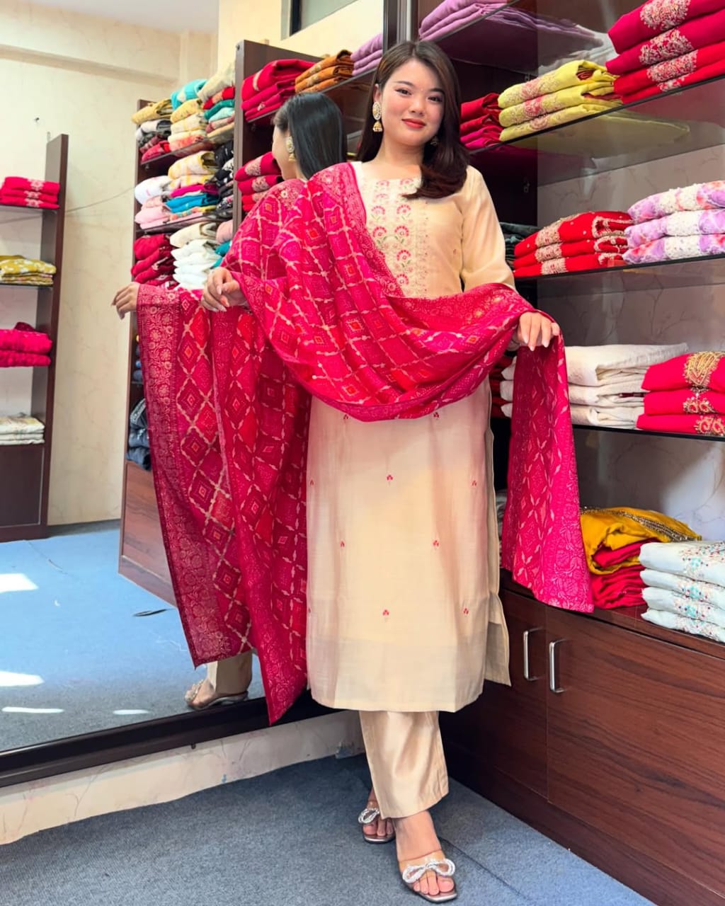 Elegant Cream Kurta Set with  Red Bandhej Dupatta