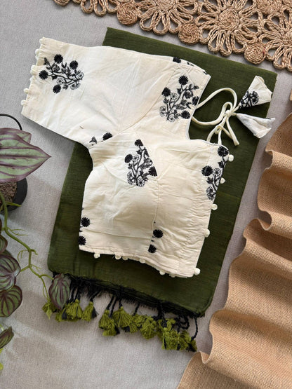 Green Khadi Cotton Saree With Embrodery Work Stitched Blouse