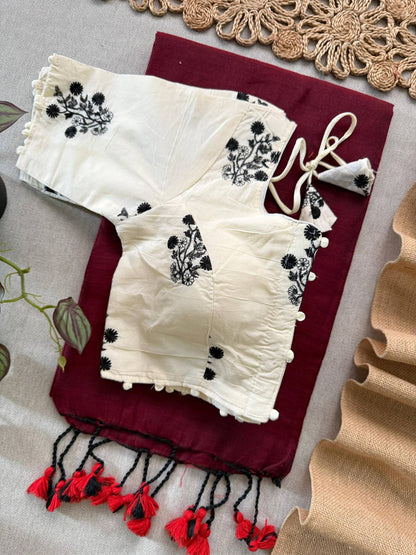 Maroon Khadi Cotton Saree With Embrodery Work Stitched Blouse