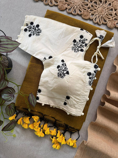 Mustard Khadi Cotton Saree With Embrodery Work Stitched Blouse