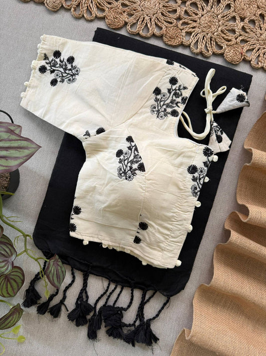 Black Khadi Cotton Saree With Embrodery Work Stitched Blouse