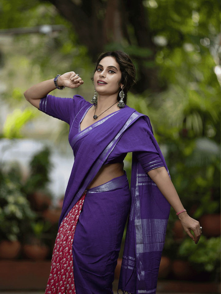 Royal Purple Handloom Cotton Saree with Contrast Red Printed Pleats and Silver Border-Fronlioz