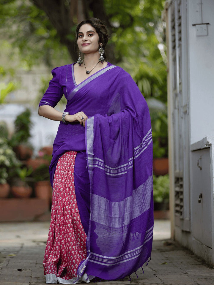 Royal Purple Handloom Cotton Saree with Contrast Red Printed Pleats and Silver Border-Fronlioz