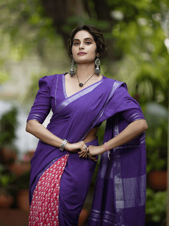 Royal Purple Handloom Cotton Saree with Contrast Red Printed Pleats and Silver Border-Fronlioz
