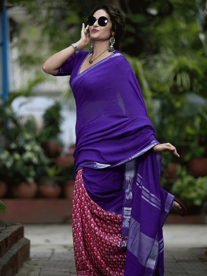 Royal Purple Handloom Cotton Saree with Contrast Red Printed Pleats and Silver Border-Fronlioz