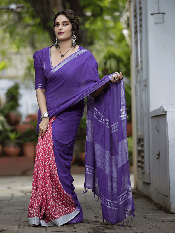 Royal Purple Handloom Cotton Saree with Contrast Red Printed Pleats and Silver Border-Fronlioz