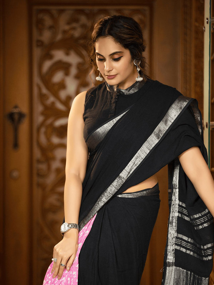 Elegant Black Handloom Cotton Saree with Pink Printed Pleats and Silver Border-Fronlioz