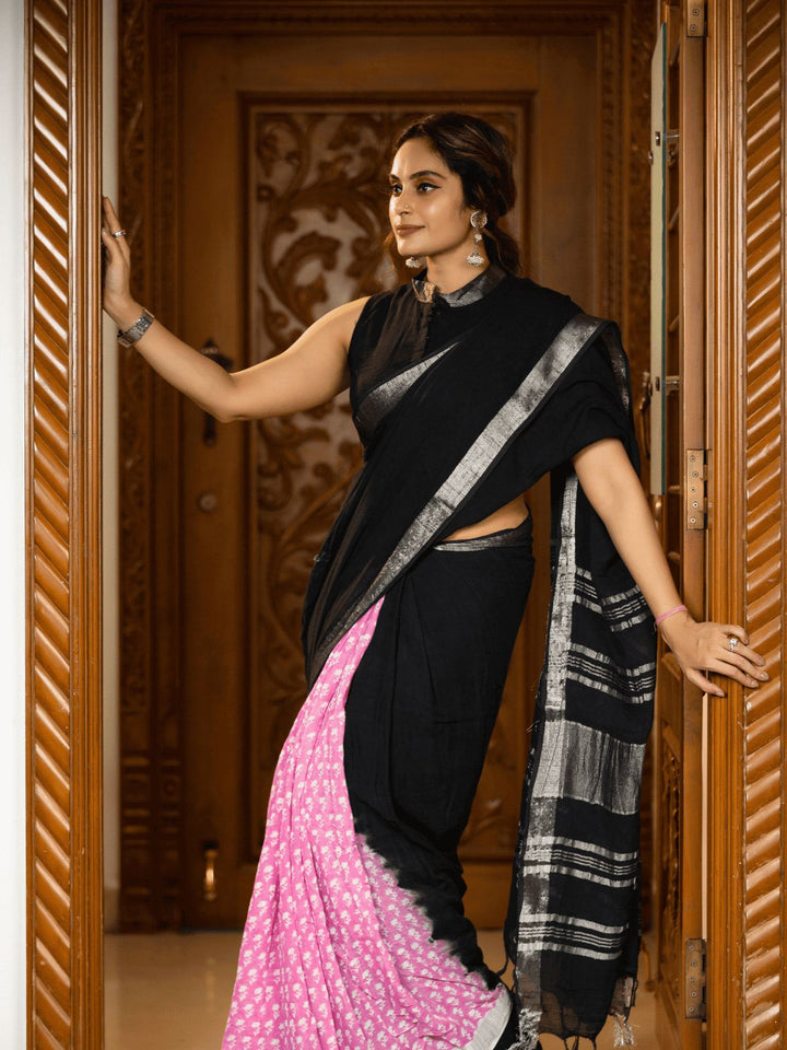 Elegant Black Handloom Cotton Saree with Pink Printed Pleats and Silver Border-Fronlioz