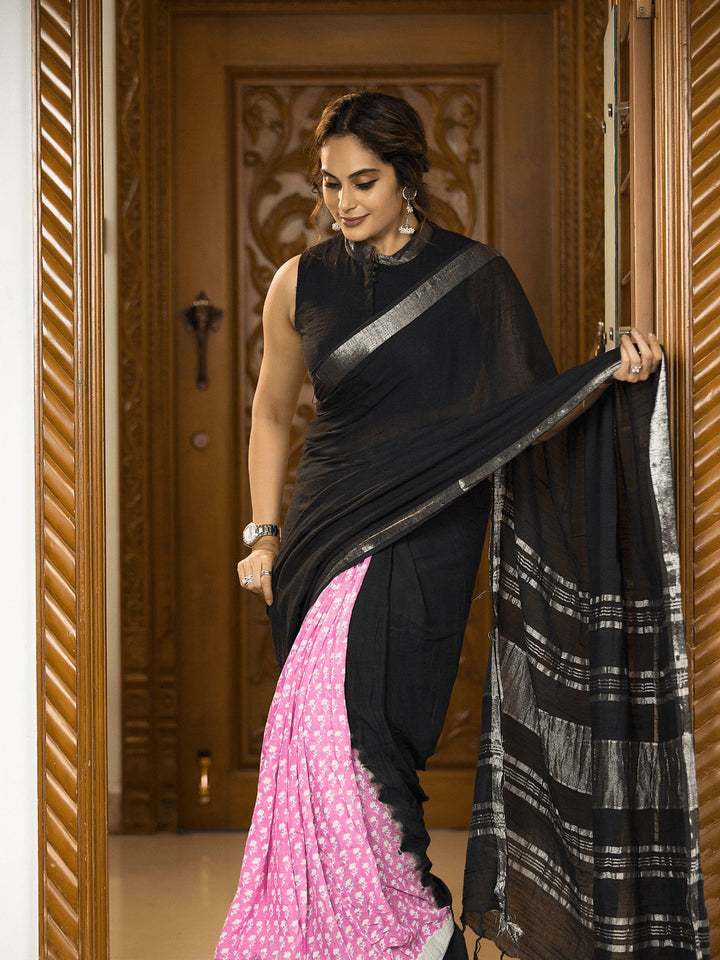Elegant Black Handloom Cotton Saree with Pink Printed Pleats and Silver Border-Fronlioz