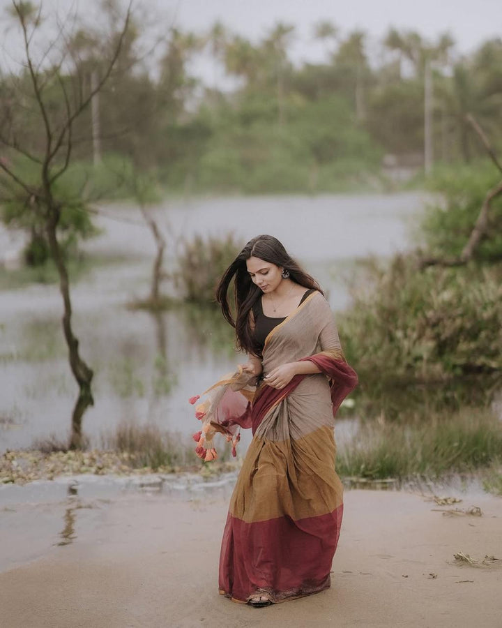 Earthy Brown & Maroon Handloom Cotton Saree with Subtle Golden Border-Fronlioz