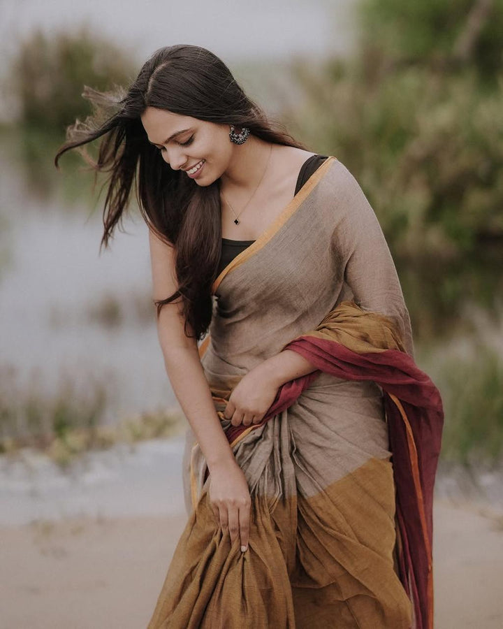 Earthy Brown & Maroon Handloom Cotton Saree with Subtle Golden Border-Fronlioz