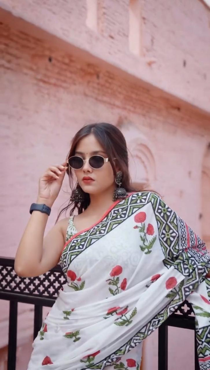 Elegant White Cotton Saree with Red Floral Embroidery and Geometric Green Borderith-Fronlioz