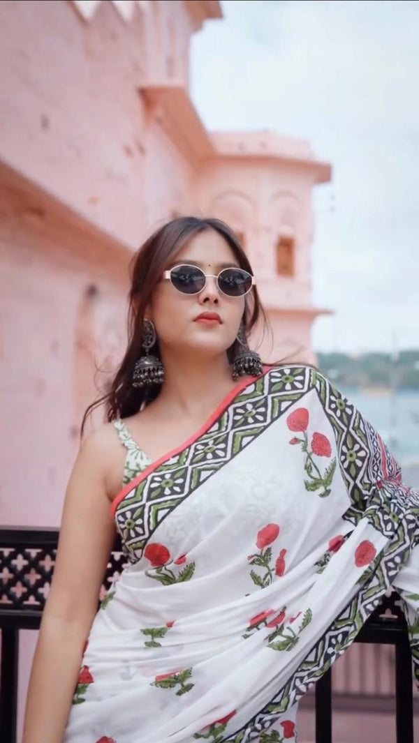 Elegant White Cotton Saree with Red Floral Embroidery and Geometric Green Borderith-Fronlioz