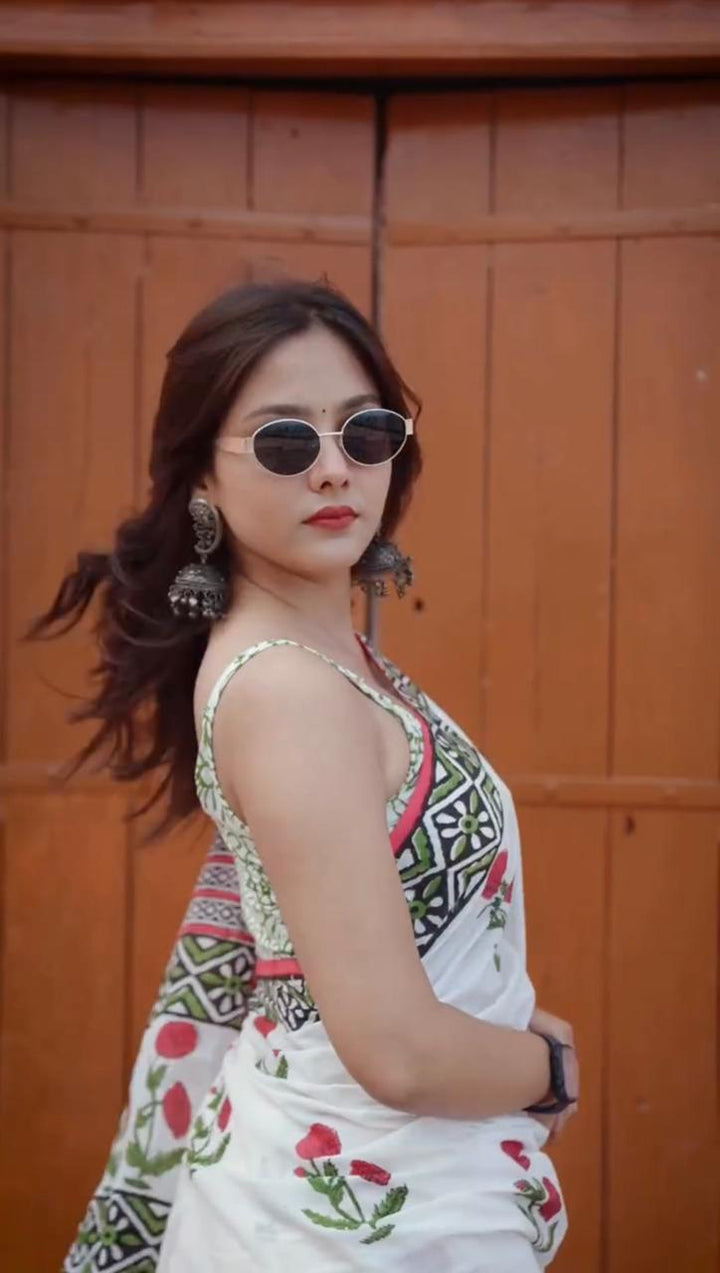 Elegant White Cotton Saree with Red Floral Embroidery and Geometric Green Borderith-Fronlioz