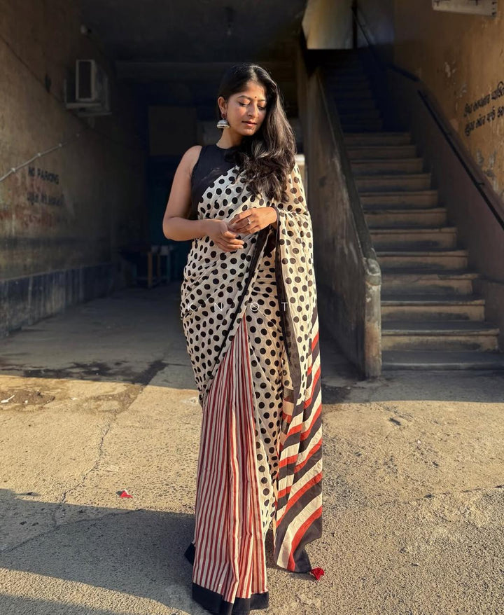 Designer Polka Dot & Stripe Fusion Cotton Saree with Contrast Pallu and Tassel Detailing-Fronlioz