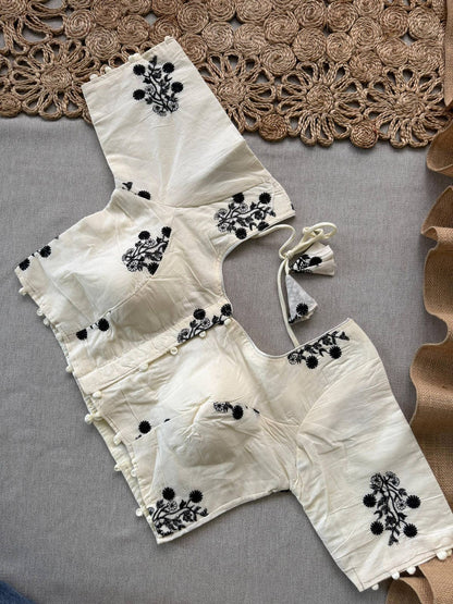 Black Khadi Cotton Saree With Embrodery Work Stitched Blouse