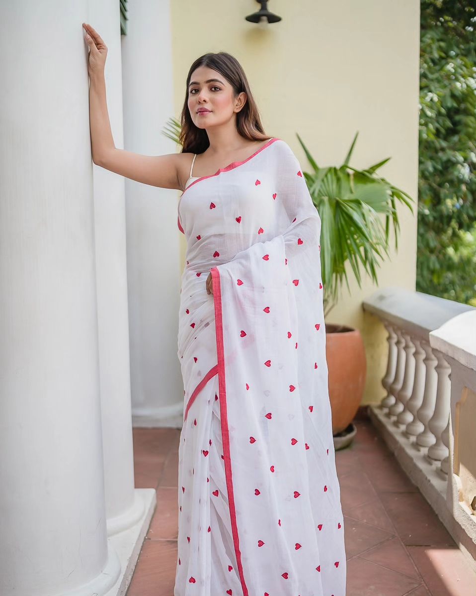 White And Red Love Mulmul Cotton Saree