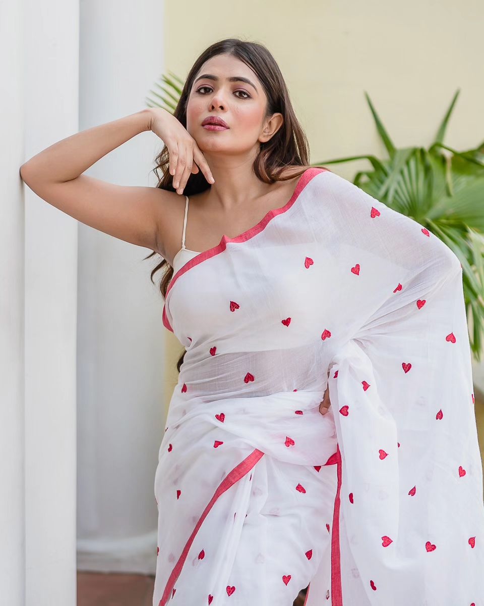 White And Red Love Mulmul Cotton Saree