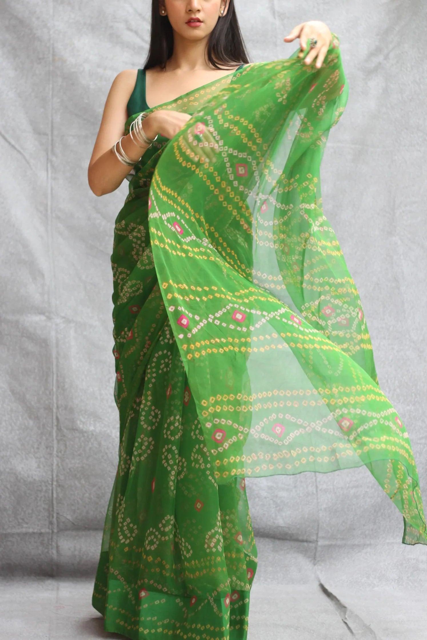 Parrot Green Georgette Bandhani Saree