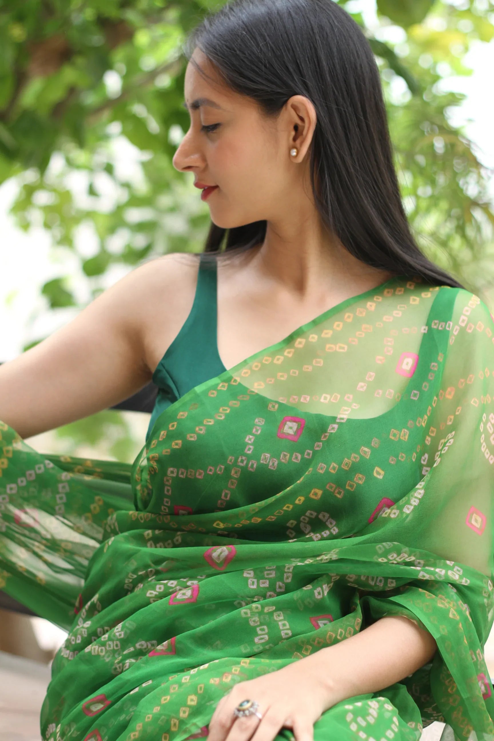 Parrot Green Georgette Bandhani Saree