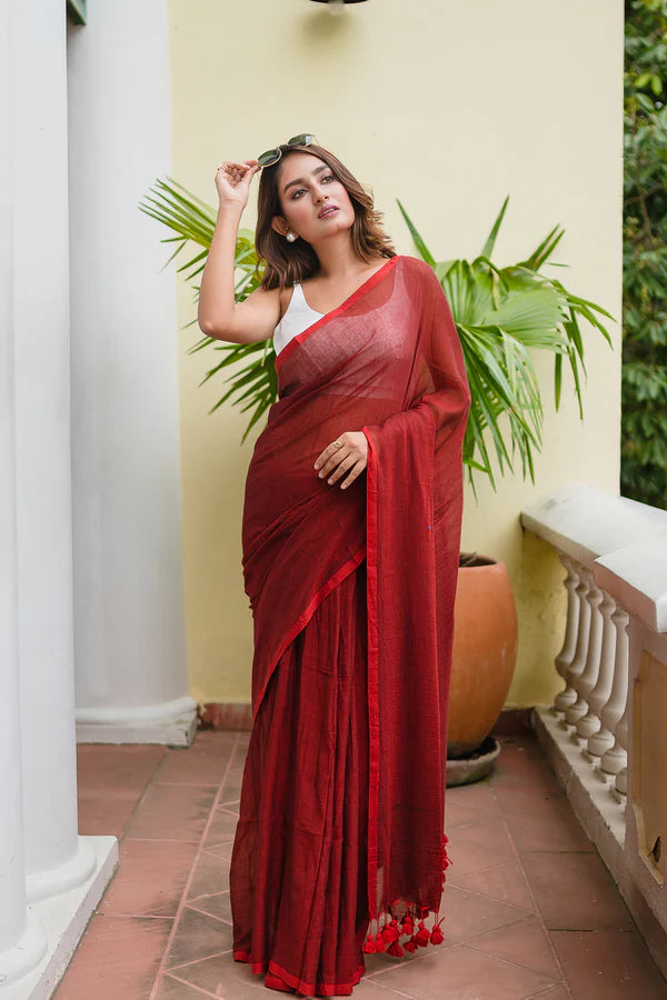 Maroon Mulmul Cotton Saree