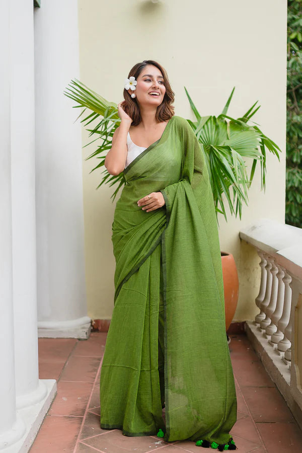 Green Mulmul Cotton Saree