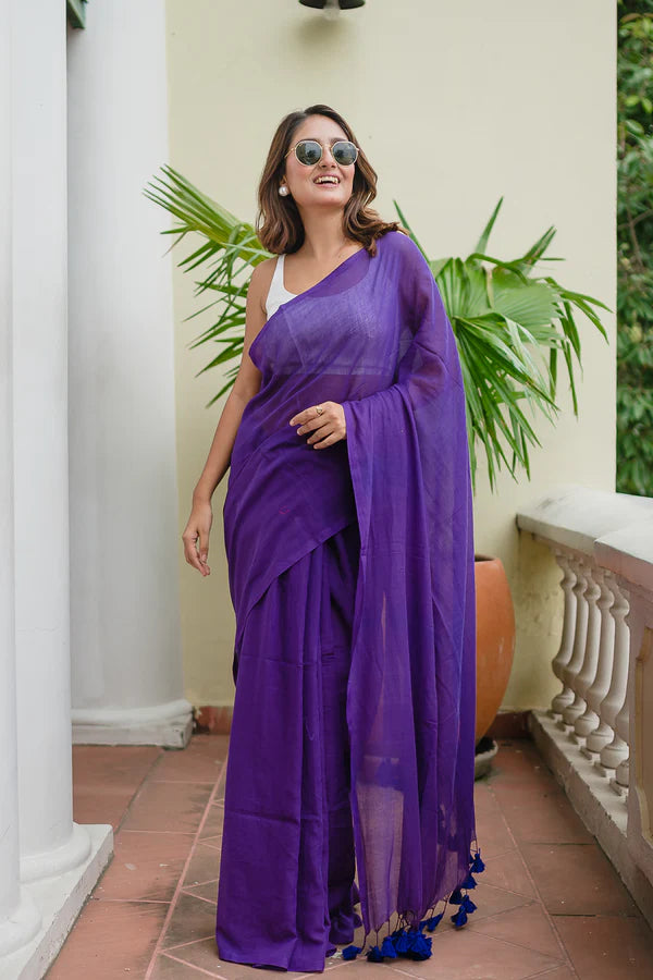 Purple Mulmul Cotton Saree