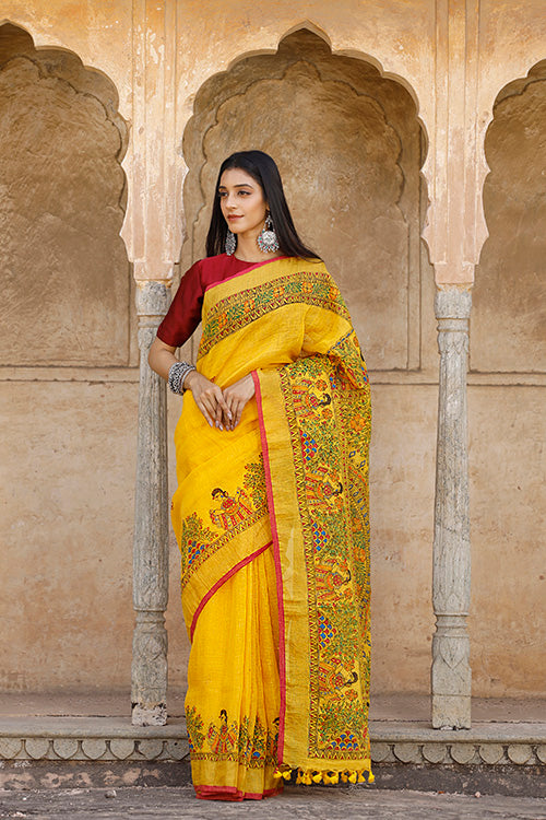 Yellow madhubani hand-painted pure linen saree