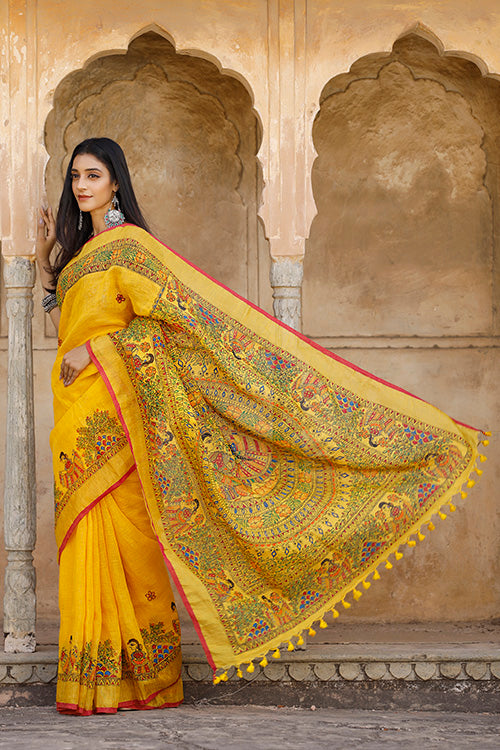 Yellow madhubani hand-painted pure linen saree