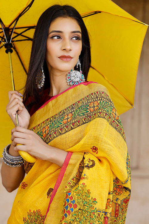 Yellow madhubani hand-painted pure linen saree