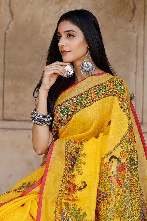 Yellow madhubani hand-painted pure linen saree