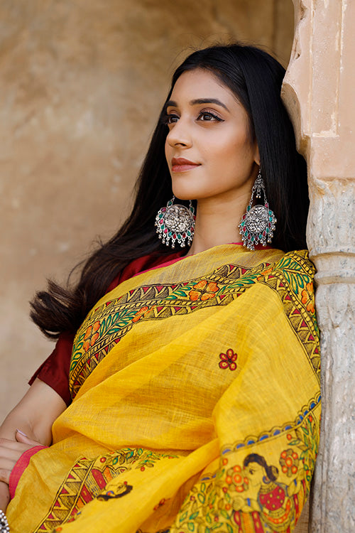 Yellow madhubani hand-painted pure linen saree