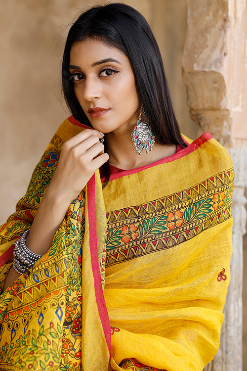 Yellow madhubani hand-painted pure linen saree