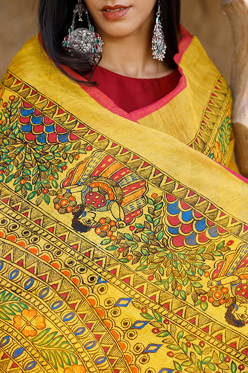 Yellow madhubani hand-painted pure linen saree