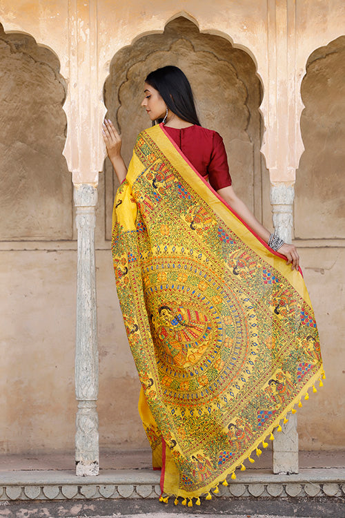 Yellow madhubani hand-painted pure linen saree