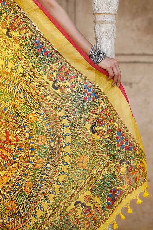 Yellow madhubani hand-painted pure linen saree