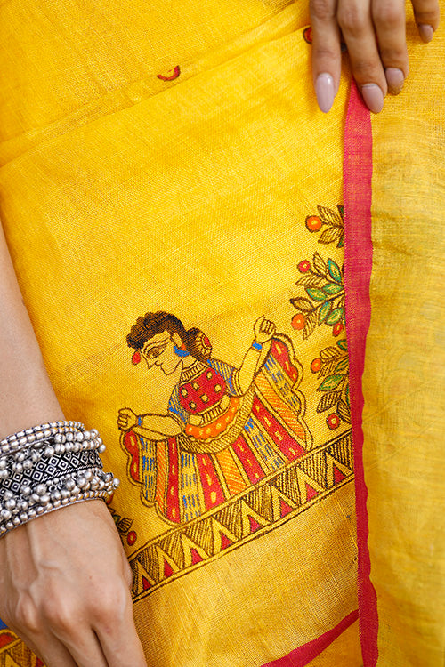 Yellow madhubani hand-painted pure linen saree