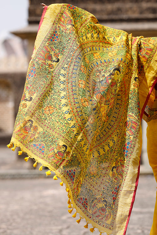 Yellow madhubani hand-painted pure linen saree