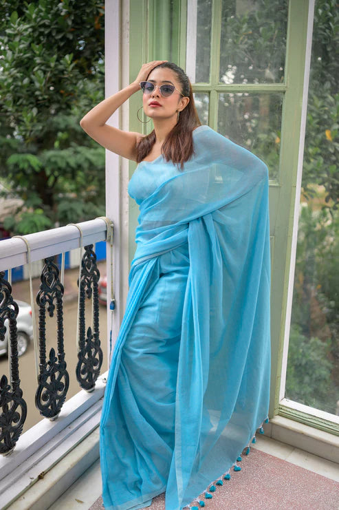 Sky Blue Mulmul Cotton Saree