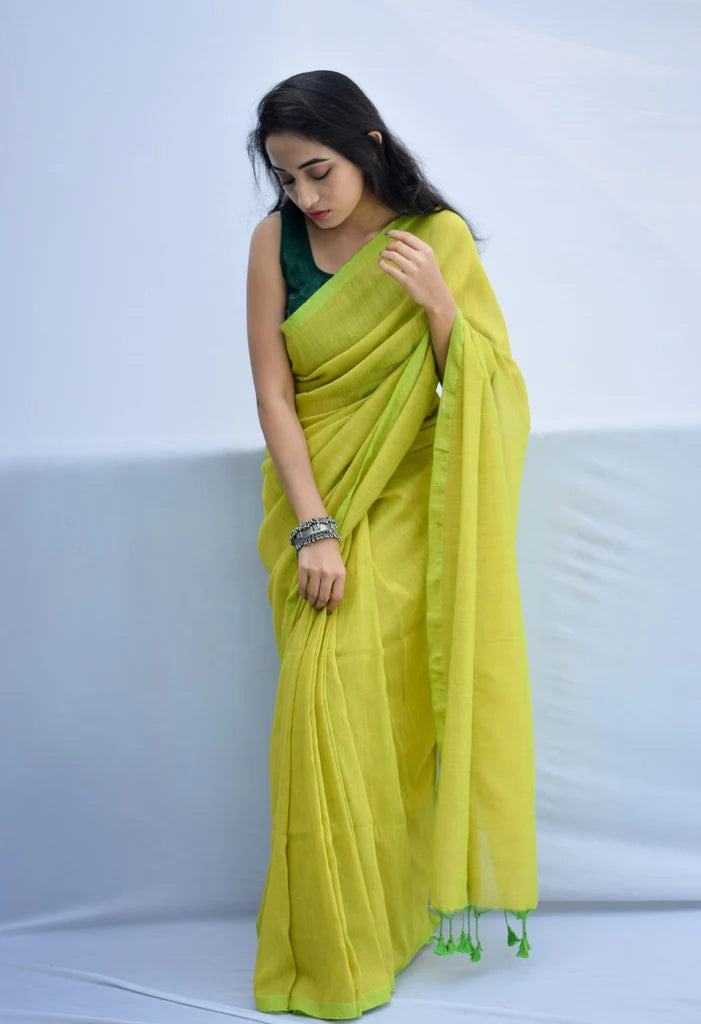 Lime Green Mulmul Cotton Saree