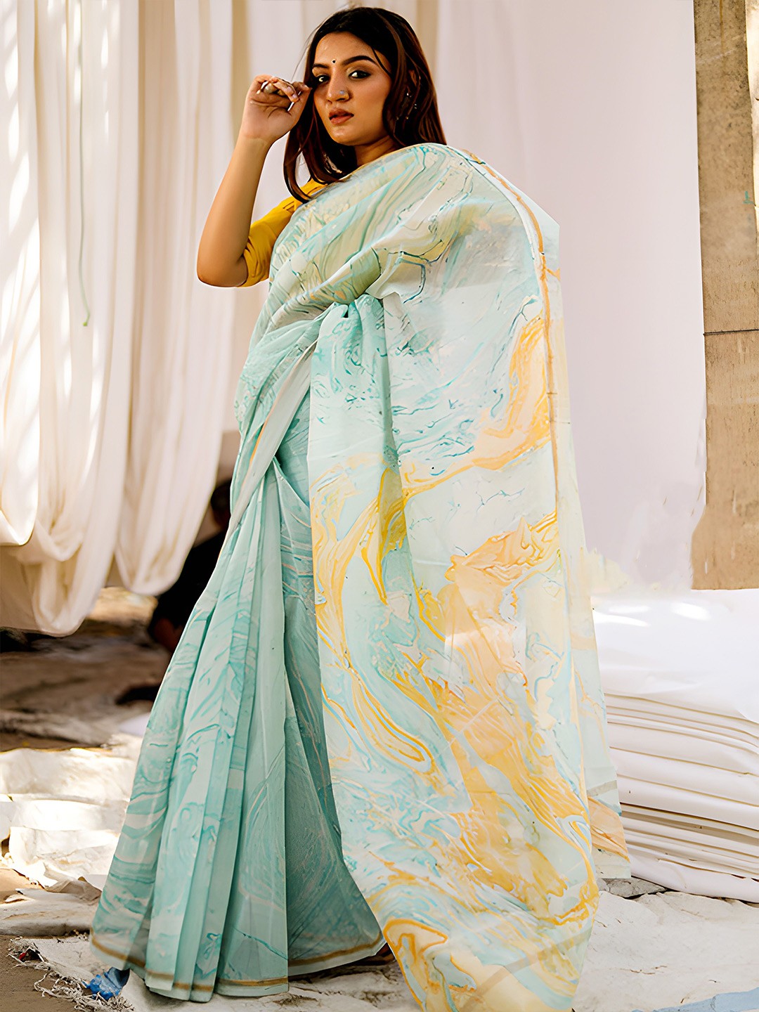 MARBLE PRINT CHANDERI SILK SAREE