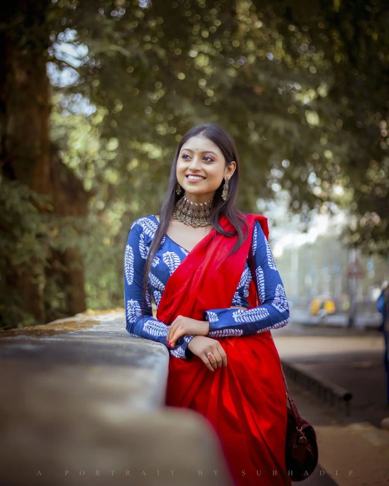 Red Colour Chanderi Saree With Digital Printed Blouse