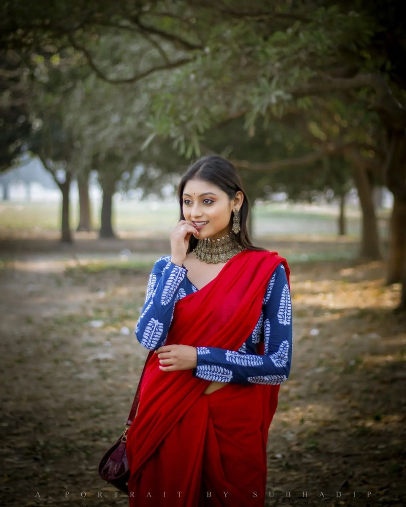 Red Colour Chanderi Saree With Digital Printed Blouse