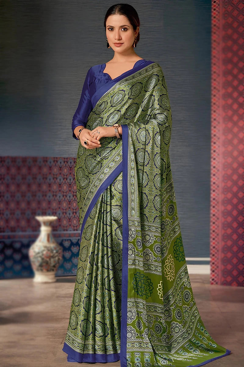 Navy Blue Lightweight Printed Satin Casual Wear Saree