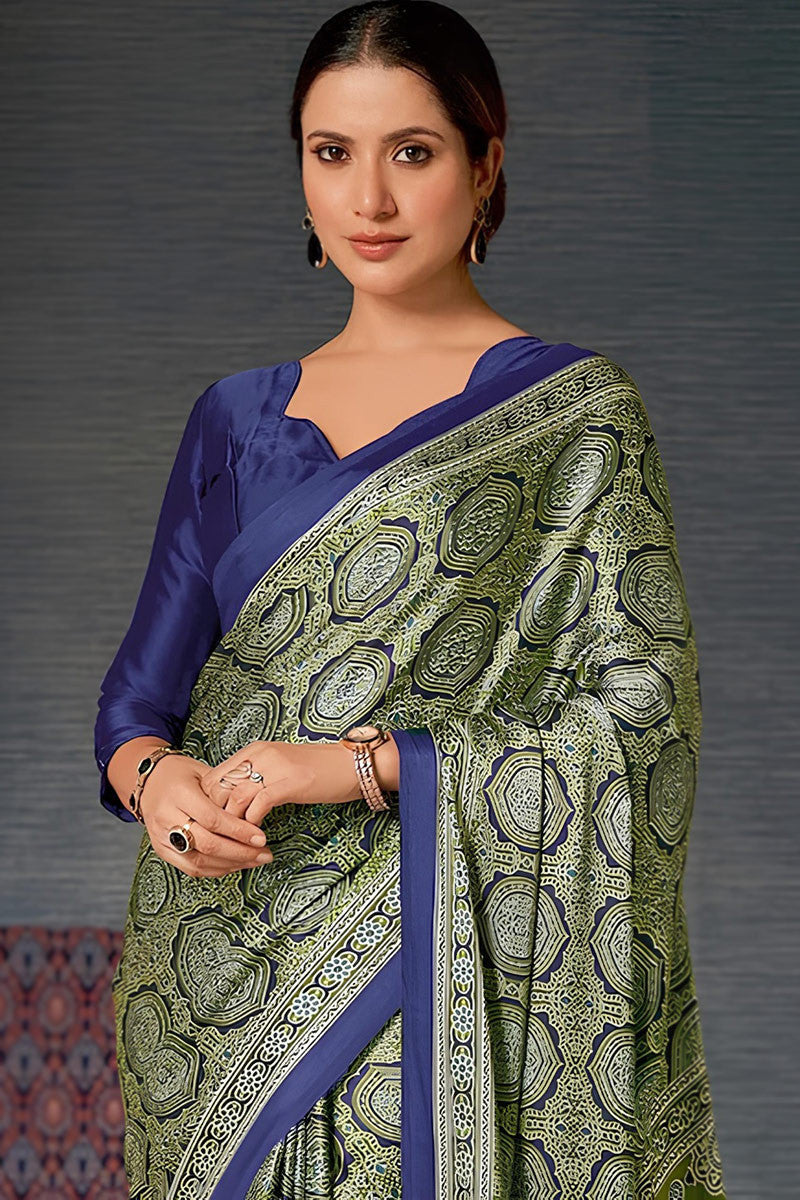 Navy Blue Lightweight Printed Satin Casual Wear Saree