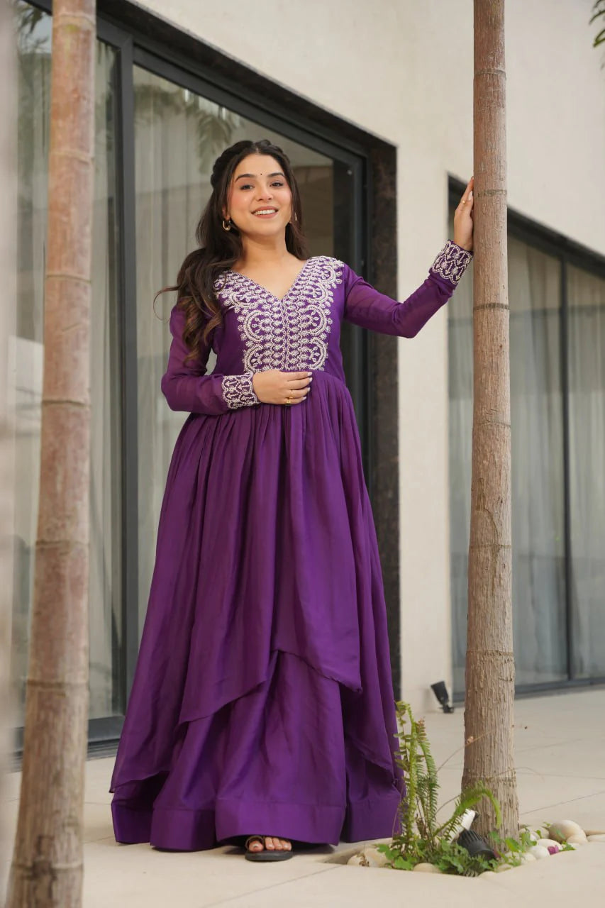 Impressive Purple Thread Embroidered Georgette Gown