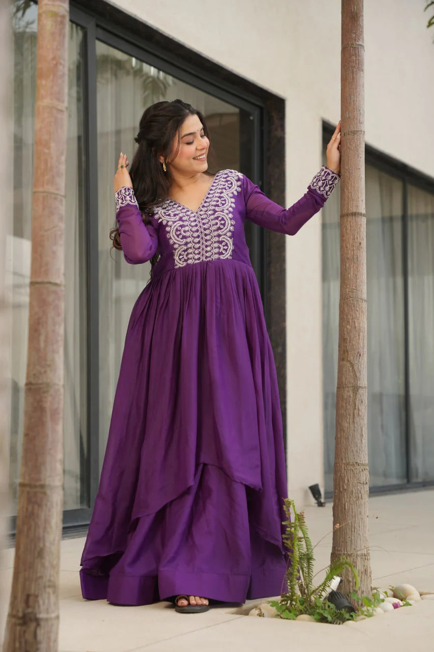 Impressive Purple Thread Embroidered Georgette Gown