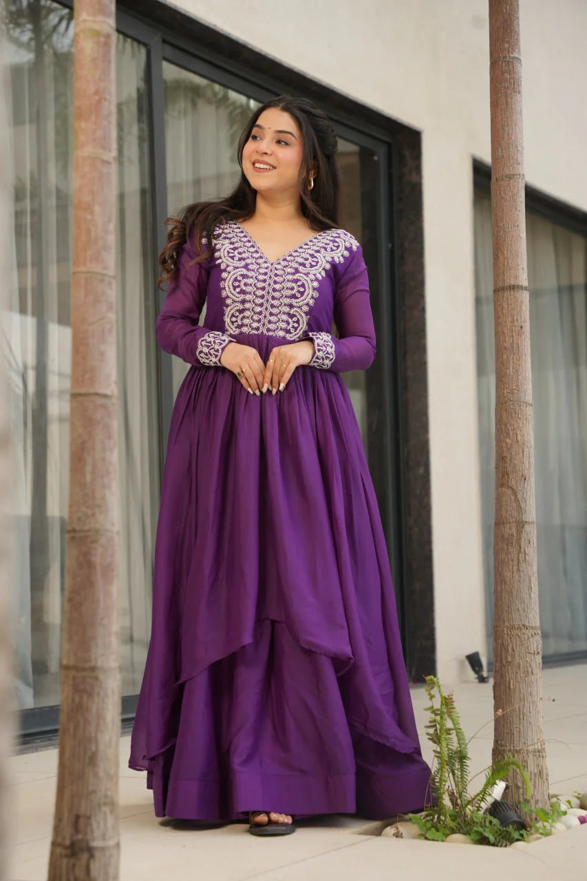 Impressive Purple Thread Embroidered Georgette Gown